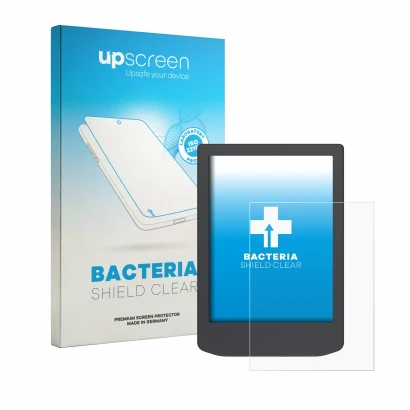 Parte frontal de un envase de producto con el logotipo de la marca upscreen. Al lado se muestra el dispositivo PocketBook Vers
