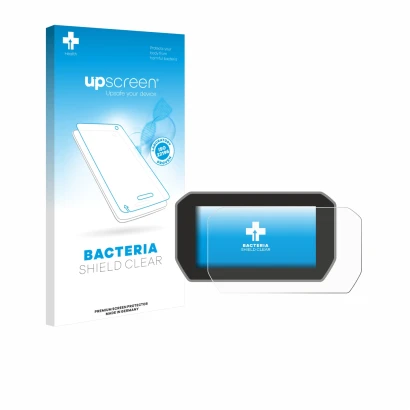 Parte frontal de un envase de producto con el logotipo de la marca upscreen. Al lado se muestra el dispositivo Ducati V4 Rally