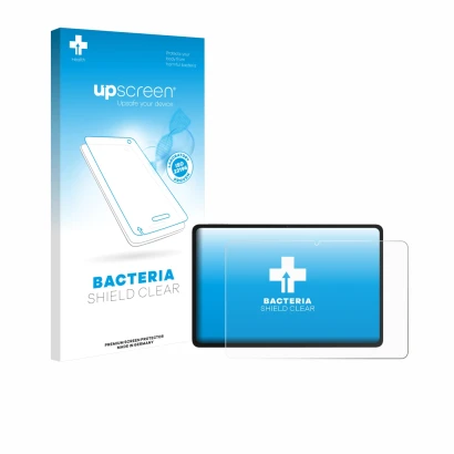 Parte frontal de un envase de producto con el logotipo de la marca upscreen. Al lado se muestra el dispositivo Honor Pad 10 co