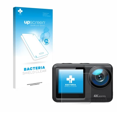 Parte frontal de un envase de producto con el logotipo de la marca upscreen. Al lado se muestra el dispositivo Wolfang GA420 c