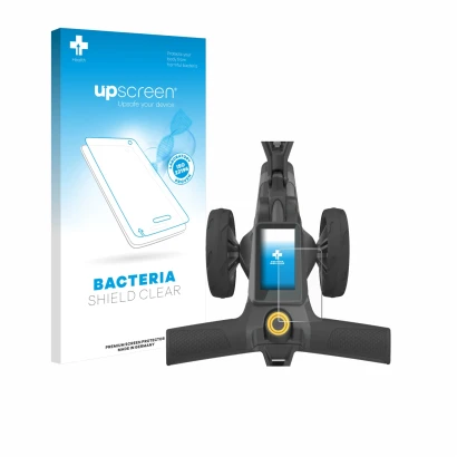 Parte frontal de un envase de producto con el logotipo de la marca upscreen. Al lado se muestra el dispositivo PowaKaddy CT10