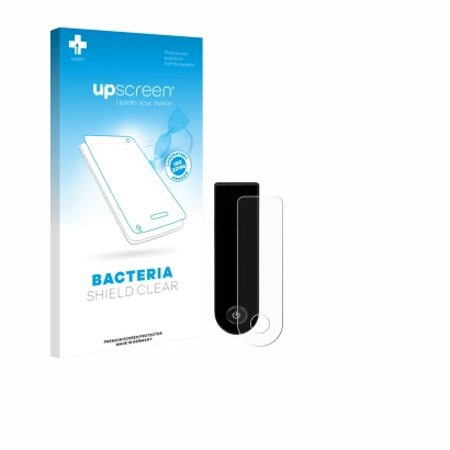 Parte frontal de un envase de producto con el logotipo de la marca upscreen. Al lado se muestra el dispositivo Xiaomi Electric