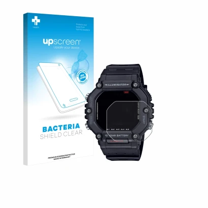 Parte frontal de un envase de producto con el logotipo de la marca upscreen. Al lado se muestra el dispositivo Casio AE-1600H 