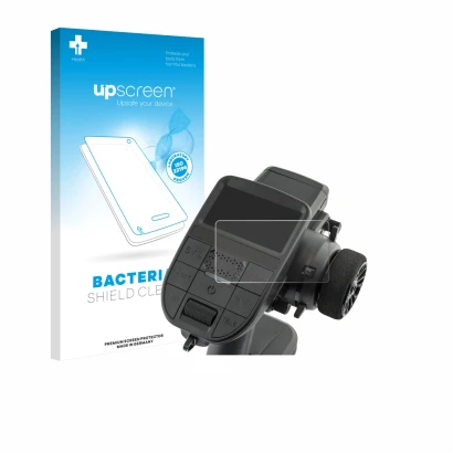 Parte frontal de un envase de producto con el logotipo de la marca upscreen. Al lado se muestra el dispositivo Radiomaster MT1