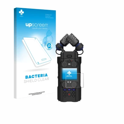 Parte frontal de un envase de producto con el logotipo de la marca upscreen. Al lado se muestra el dispositivo Zoom H5 Studio 