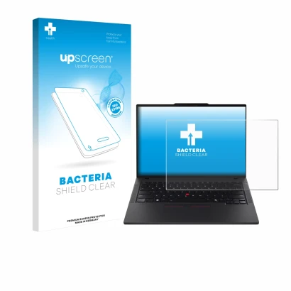 Parte frontal de un envase de producto con el logotipo de la marca upscreen. Al lado se muestra el dispositivo Lenovo ThinkPad