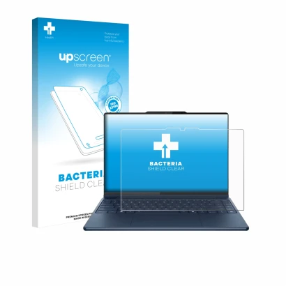 Parte frontal de un envase de producto con el logotipo de la marca upscreen. Al lado se muestra el dispositivo Lenovo Yoga Pro