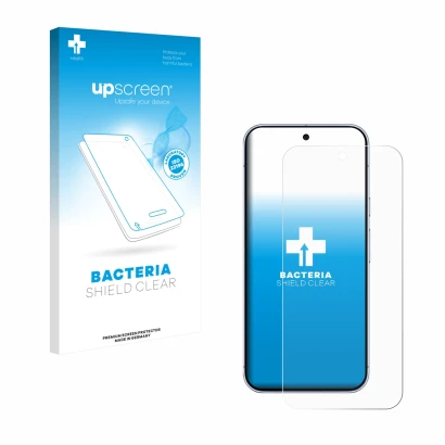 Parte frontal de un envase de producto con el logotipo de la marca upscreen. Al lado se muestra el dispositivo Google Pixel 10