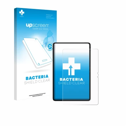 Parte frontal de un envase de producto con el logotipo de la marca upscreen. Al lado se muestra el dispositivo Blackview MEGA 