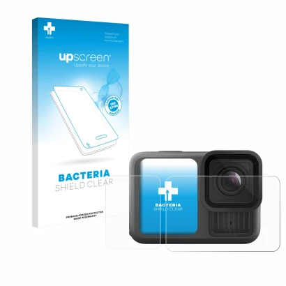 Parte frontal de un envase de producto con el logotipo de la marca upscreen. Al lado se muestra el dispositivo GoPro Hero 13 B