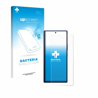Parte frontal de un envase de producto con el logotipo de la marca upscreen. Al lado se muestra el dispositivo Samsung Galaxy 