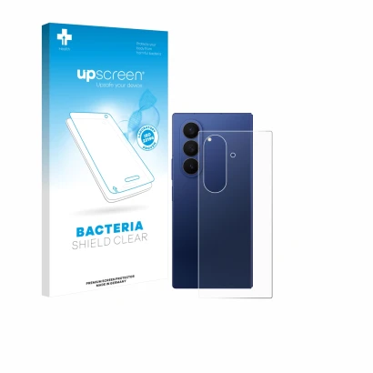 Parte frontal de un envase de producto con el logotipo de la marca upscreen. Al lado se muestra el dispositivo Samsung Galaxy 
