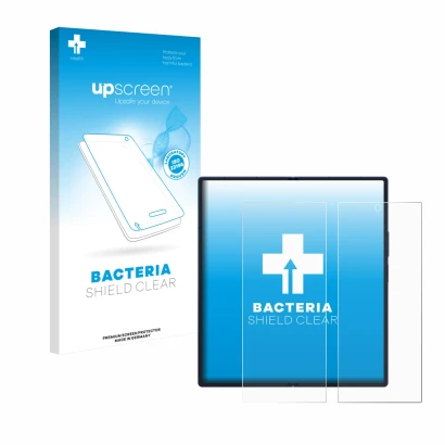 Parte frontal de un envase de producto con el logotipo de la marca upscreen. Al lado se muestra el dispositivo Samsung Galaxy 