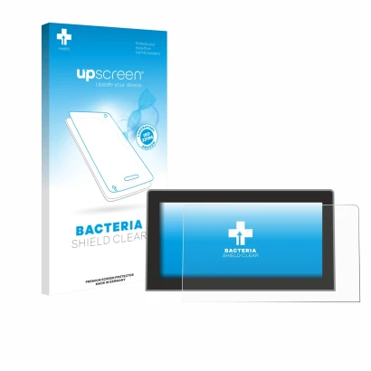 Parte frontal de un envase de producto con el logotipo de la marca upscreen. Al lado se muestra el dispositivo Volkswagen Tigu