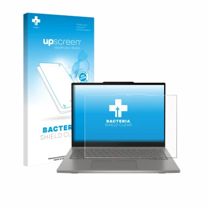 Parte frontal de un envase de producto con el logotipo de la marca upscreen. Al lado se muestra el dispositivo Lenovo ThinkPad
