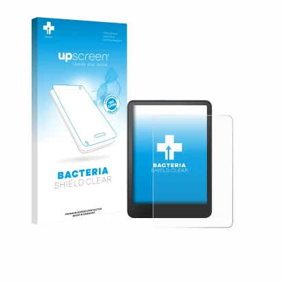 Parte frontal de un envase de producto con el logotipo de la marca upscreen. Al lado se muestra el dispositivo Amazon Kindle C