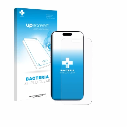 Parte frontal de un envase de producto con el logotipo de la marca upscreen. Al lado se muestra el dispositivo Apple iPhone 17