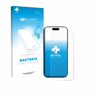Parte frontal de un envase de producto con el logotipo de la marca upscreen. Al lado se muestra el dispositivo Apple iPhone 17