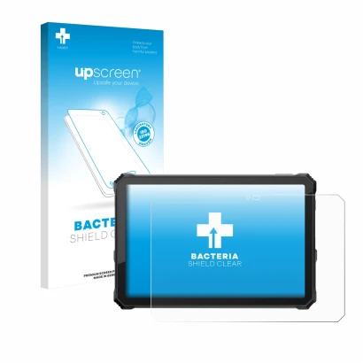 Parte frontal de un envase de producto con el logotipo de la marca upscreen. Al lado se muestra el dispositivo Blackview Activ