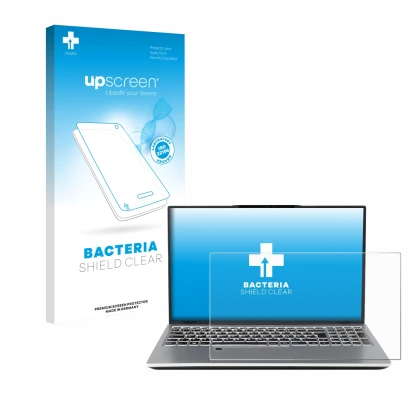 Parte frontal de un envase de producto con el logotipo de la marca upscreen. Al lado se muestra el dispositivo terra Mobile 15