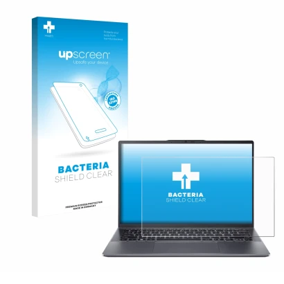 Parte frontal de un envase de producto con el logotipo de la marca upscreen. Al lado se muestra el dispositivo Acer Swift Go 1