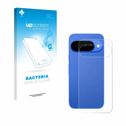 Parte frontal de un envase de producto con el logotipo de la marca upscreen. Al lado se muestra el dispositivo Google Pixel 10
