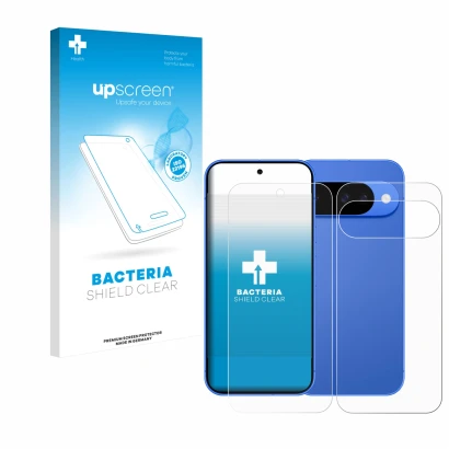 Parte frontal de un envase de producto con el logotipo de la marca upscreen. Al lado se muestra el dispositivo Google Pixel 10