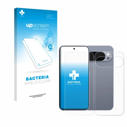 Parte frontal de un envase de producto con el logotipo de la marca upscreen. Al lado se muestra el dispositivo Google Pixel 10