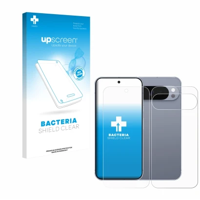 Parte frontal de un envase de producto con el logotipo de la marca upscreen. Al lado se muestra el dispositivo Google Pixel 10