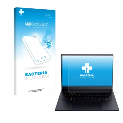 Parte frontal de un envase de producto con el logotipo de la marca upscreen. Al lado se muestra el dispositivo Razer Blade 14 