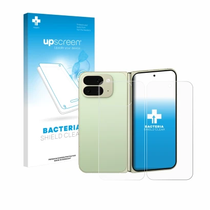 Parte frontal de un envase de producto con el logotipo de la marca upscreen. Al lado se muestra el dispositivo Google Pixel 10