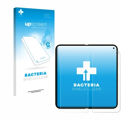 Parte frontal de un envase de producto con el logotipo de la marca upscreen. Al lado se muestra el dispositivo Google Pixel 10