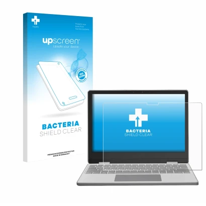 Parte frontal de un envase de producto con el logotipo de la marca upscreen. Al lado se muestra el dispositivo Framework Lapto