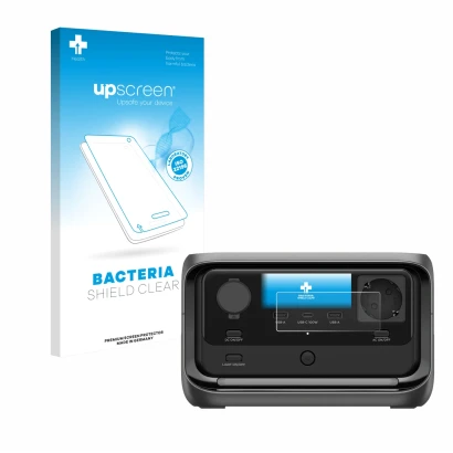 Parte frontal de un envase de producto con el logotipo de la marca upscreen. Al lado se muestra el dispositivo EcoFlow River 3