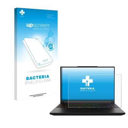 Parte frontal de un envase de producto con el logotipo de la marca upscreen. Al lado se muestra el dispositivo XMG Pro 16 con