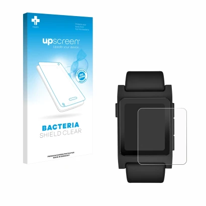 Parte frontal de un envase de producto con el logotipo de la marca upscreen. Al lado se muestra el dispositivo Pebble 2 Duo 20