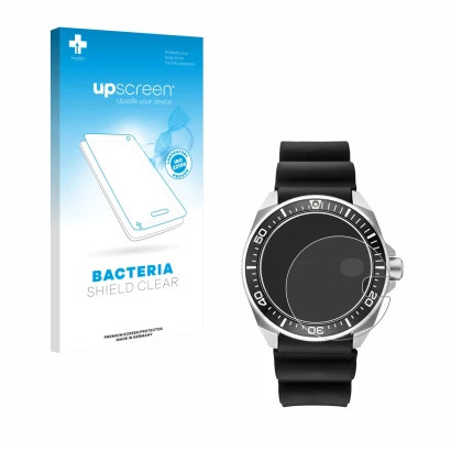 Parte frontal de un envase de producto con el logotipo de la marca upscreen. Al lado se muestra el dispositivo Seiko Prospex S