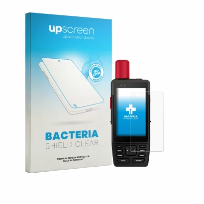 Parte frontal de un envase de producto con el logotipo de la marca upscreen. Al lado se muestra el dispositivo Garmin GPSMAP H