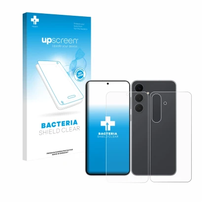 Parte frontal de un envase de producto con el logotipo de la marca upscreen. Al lado se muestra el dispositivo Samsung Galaxy 