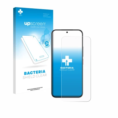 Parte frontal de un envase de producto con el logotipo de la marca upscreen. Al lado se muestra el dispositivo Nubia Air con s