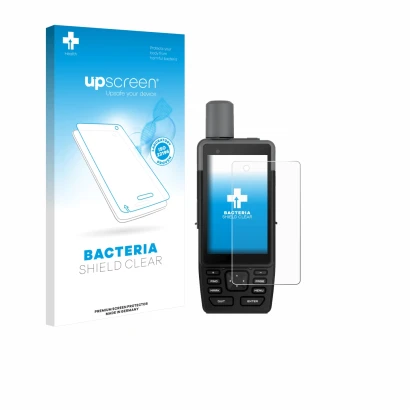 Parte frontal de un envase de producto con el logotipo de la marca upscreen. Al lado se muestra el dispositivo Garmin GPSMAP H