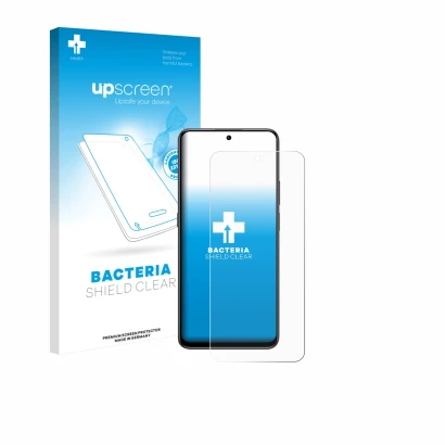 Parte frontal de un envase de producto con el logotipo de la marca upscreen. Al lado se muestra el dispositivo Honor 400 Smart