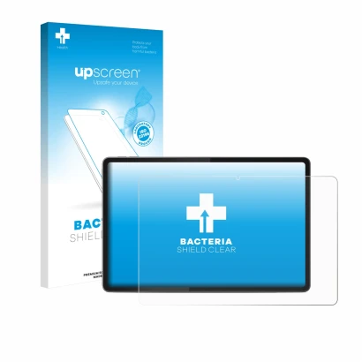 Parte frontal de un envase de producto con el logotipo de la marca upscreen. Al lado se muestra el dispositivo Lenovo Yoga Tab