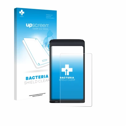 Parte frontal de un envase de producto con el logotipo de la marca upscreen. Al lado se muestra el dispositivo Vasco Translato