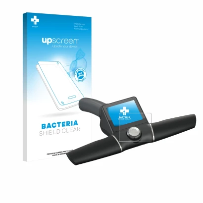 Parte frontal de un envase de producto con el logotipo de la marca upscreen. Al lado se muestra el dispositivo Motocaddy M7 GP
