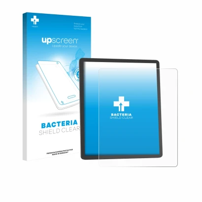 Parte frontal de un envase de producto con el logotipo de la marca upscreen. Al lado se muestra el dispositivo Amazon Kindle S