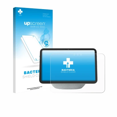 Parte frontal de un envase de producto con el logotipo de la marca upscreen. Al lado se muestra el dispositivo Amazon Echo Sho