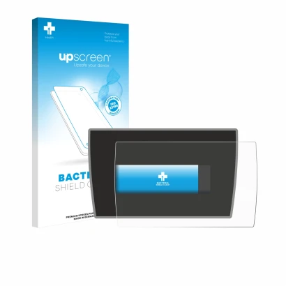 Parte frontal de un envase de producto con el logotipo de la marca upscreen. Al lado se muestra el dispositivo BMW i3 2019 con