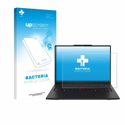 Parte frontal de un envase de producto con el logotipo de la marca upscreen. Al lado se muestra el dispositivo Lenovo ThinkPad