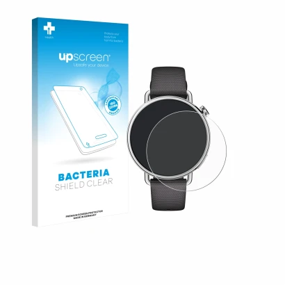 Parte frontal de un envase de producto con el logotipo de la marca upscreen. Al lado se muestra el dispositivo Xiaomi Watch S4